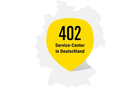 Graue Deutschland-Karte mit einer schwarzen Aufschrift "402 Service-Center in Deutschland" auf einem gelben Hintergrund